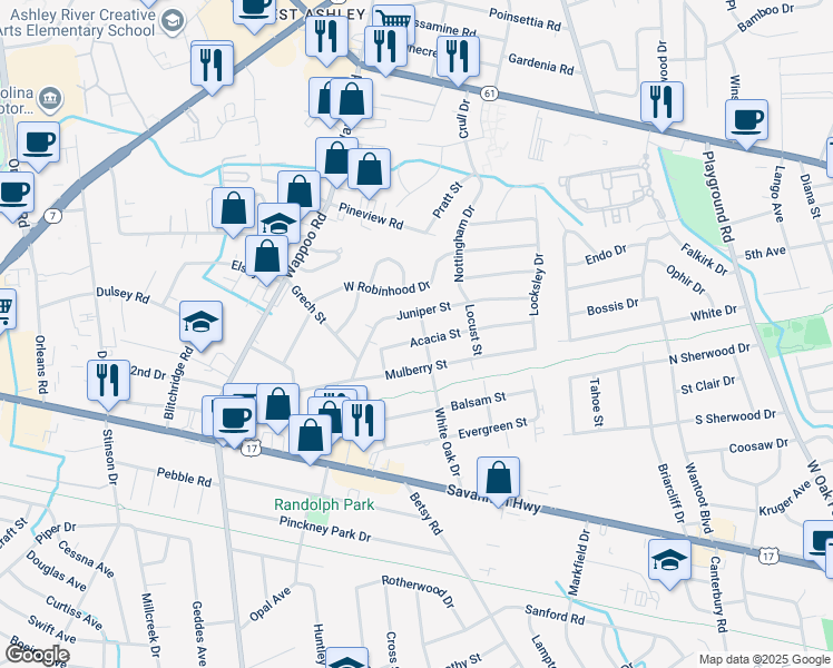 map of restaurants, bars, coffee shops, grocery stores, and more near 831 White Oak Dr in Charleston