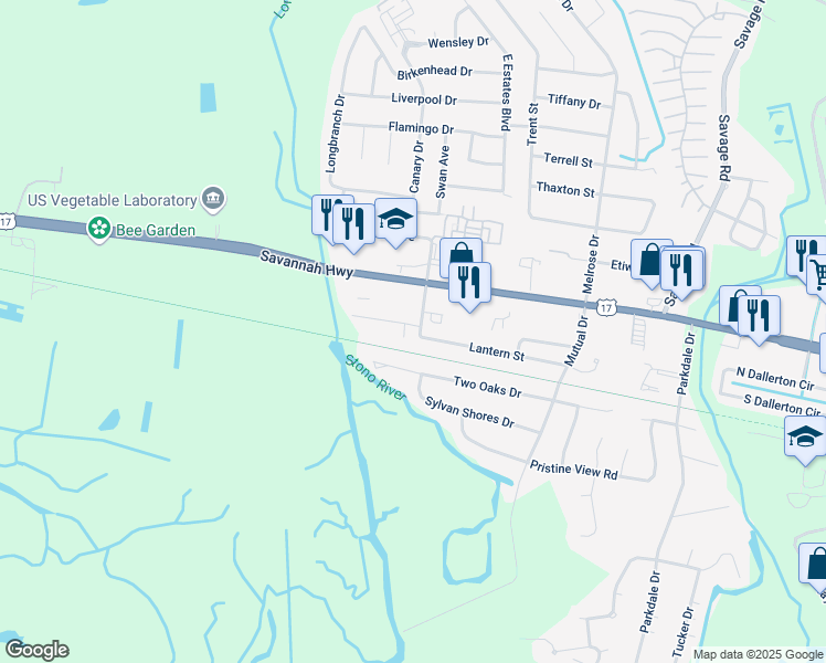 map of restaurants, bars, coffee shops, grocery stores, and more near 2503 Hara Lane in Charleston
