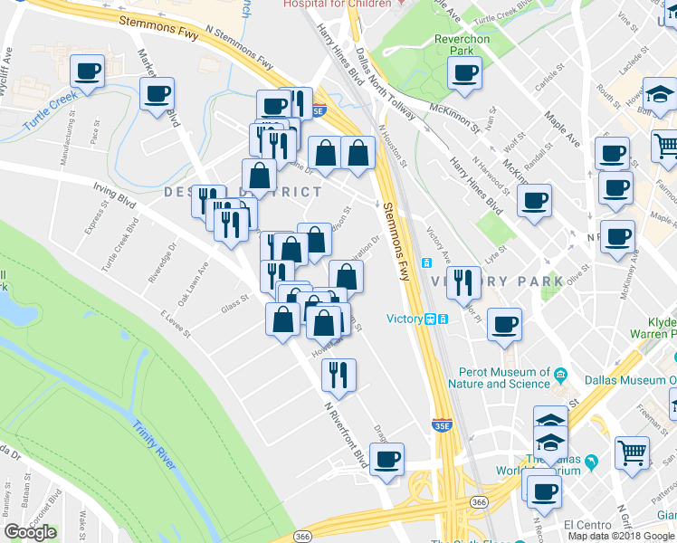 map of restaurants, bars, coffee shops, grocery stores, and more near 1515 Inspiration Drive in Dallas
