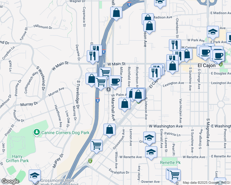 map of restaurants, bars, coffee shops, grocery stores, and more near 385 South Marshall Avenue in El Cajon