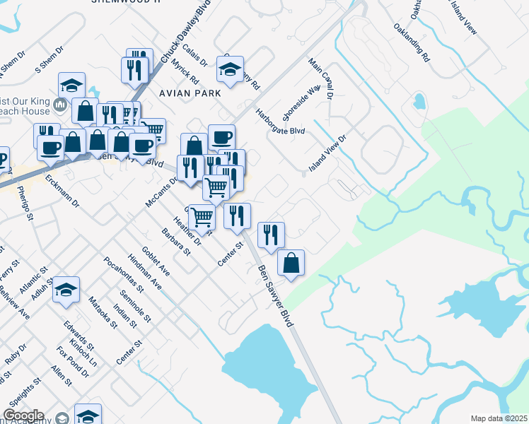 map of restaurants, bars, coffee shops, grocery stores, and more near 1462 North Point Lane in Mount Pleasant