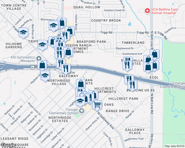 map of restaurants, bars, coffee shops, grocery stores, and more near 2027 Hillview Drive in Mesquite