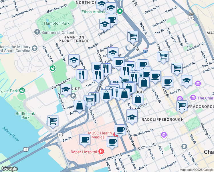 map of restaurants, bars, coffee shops, grocery stores, and more near in Charleston