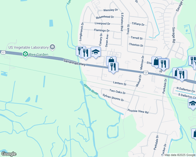 map of restaurants, bars, coffee shops, grocery stores, and more near 2503 Hara Lane in Charleston