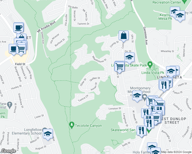 map of restaurants, bars, coffee shops, grocery stores, and more near 6388 Quillan Street in San Diego