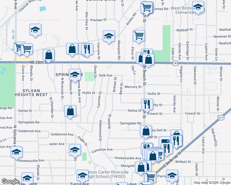 map of restaurants, bars, coffee shops, grocery stores, and more near 2200 Brittain Street in Fort Worth