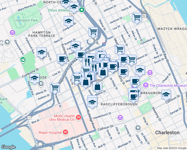 map of restaurants, bars, coffee shops, grocery stores, and more near 65 Spring Street in Charleston