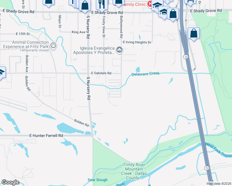 map of restaurants, bars, coffee shops, grocery stores, and more near 1205 Barton Street in Irving