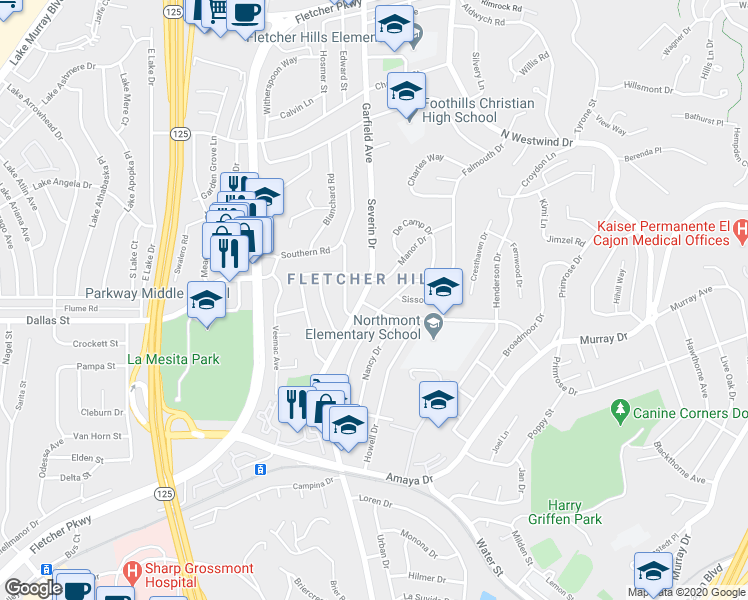 map of restaurants, bars, coffee shops, grocery stores, and more near 9304 Gregory Street in La Mesa