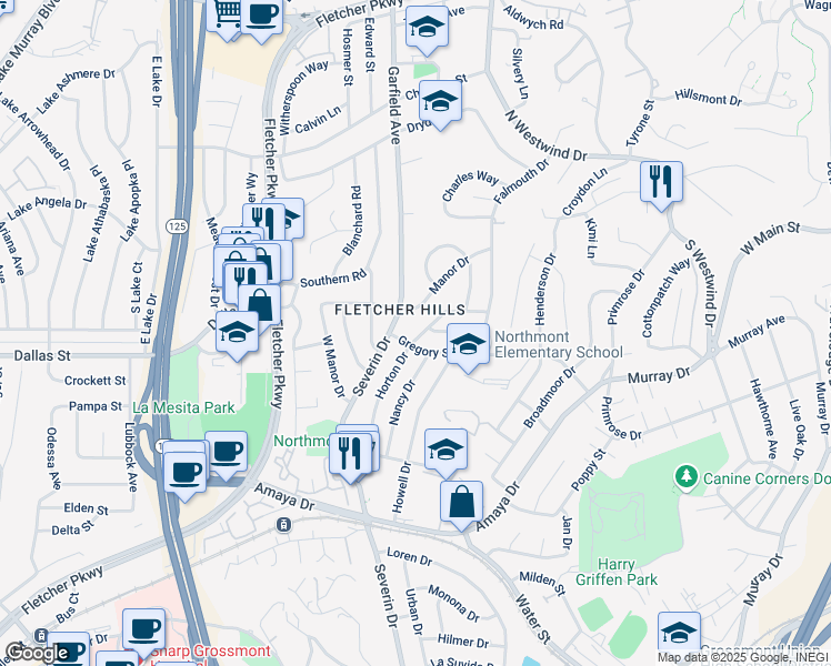 map of restaurants, bars, coffee shops, grocery stores, and more near 9304 Gregory Street in La Mesa