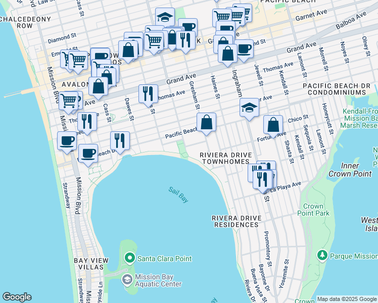 map of restaurants, bars, coffee shops, grocery stores, and more near in San Diego