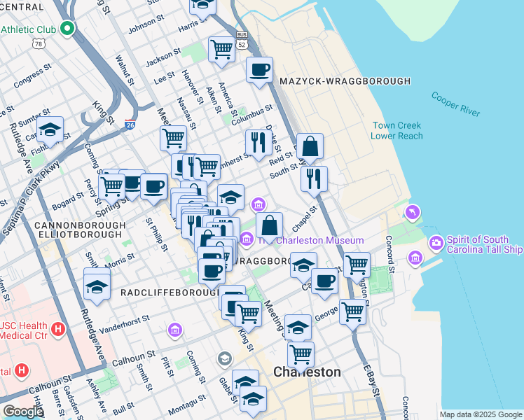 map of restaurants, bars, coffee shops, grocery stores, and more near 48 Elizabeth Street in Charleston