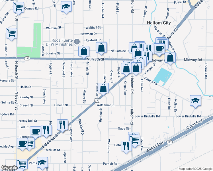 map of restaurants, bars, coffee shops, grocery stores, and more near 4805 East Belknap Street in Haltom City