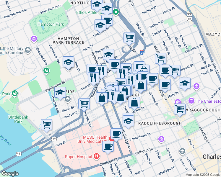 map of restaurants, bars, coffee shops, grocery stores, and more near 69 Bogard Street in Charleston