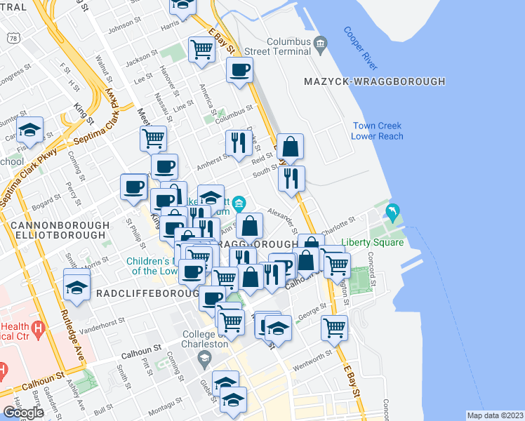 map of restaurants, bars, coffee shops, grocery stores, and more near 159 Alexander Street in Charleston