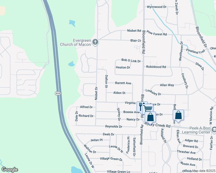 map of restaurants, bars, coffee shops, grocery stores, and more near 2875 Dalton Street in Macon
