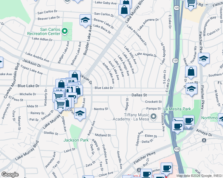map of restaurants, bars, coffee shops, grocery stores, and more near 8517 Blue Lake Drive in San Diego