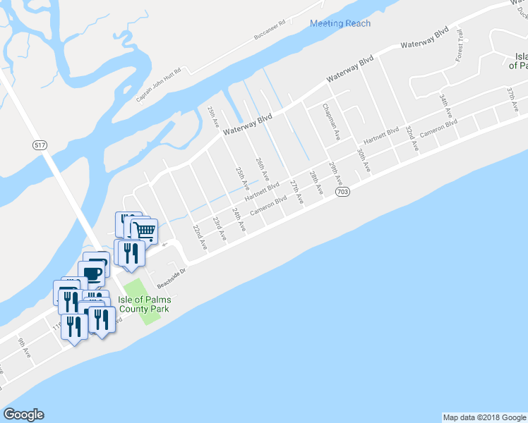 map of restaurants, bars, coffee shops, grocery stores, and more near 2500 Cameron Boulevard in Isle of Palms