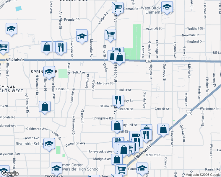 map of restaurants, bars, coffee shops, grocery stores, and more near 3829 Hollis Street in Haltom City