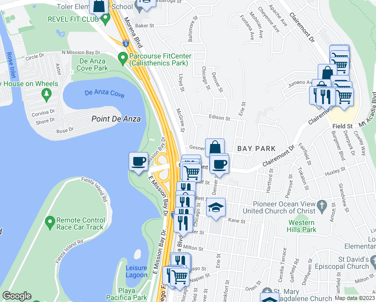 map of restaurants, bars, coffee shops, grocery stores, and more near 2727 Morena Boulevard in San Diego