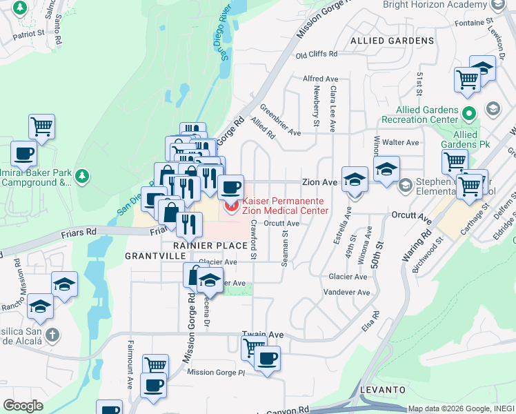 map of restaurants, bars, coffee shops, grocery stores, and more near 6533 Crawford Street in San Diego