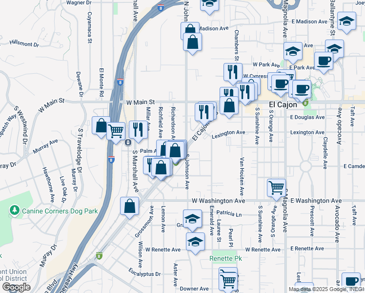 map of restaurants, bars, coffee shops, grocery stores, and more near 398 El Cajon Boulevard in El Cajon