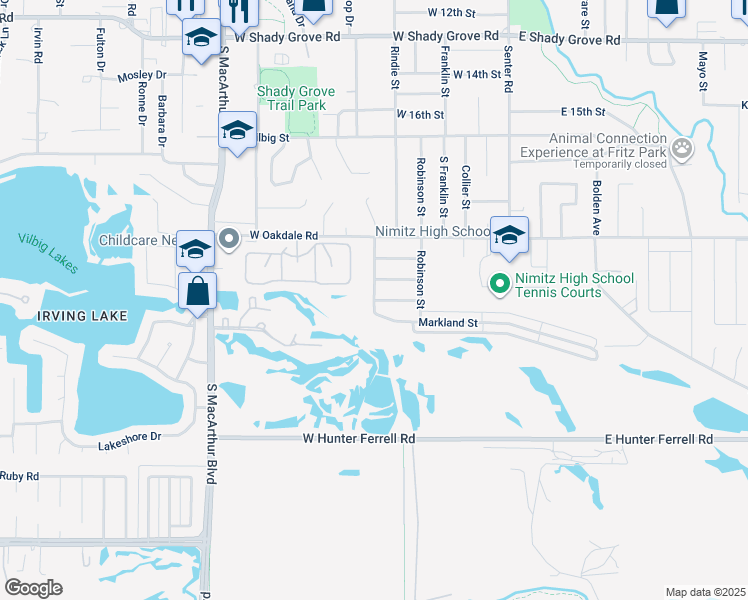 map of restaurants, bars, coffee shops, grocery stores, and more near Erikson Trail in Irving