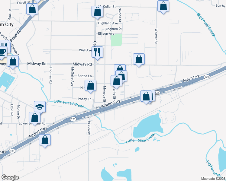 map of restaurants, bars, coffee shops, grocery stores, and more near 2225 Delante Street in Haltom City