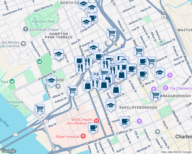 map of restaurants, bars, coffee shops, grocery stores, and more near 67 Bogard Street in Charleston
