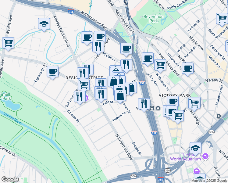 map of restaurants, bars, coffee shops, grocery stores, and more near 1403 Slocum Street in Dallas
