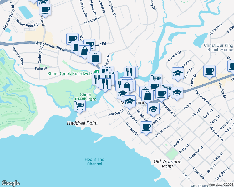 map of restaurants, bars, coffee shops, grocery stores, and more near 111 Coleman Boulevard in Mount Pleasant