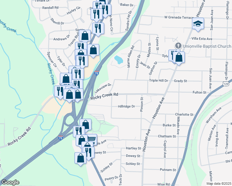 map of restaurants, bars, coffee shops, grocery stores, and more near 1285 Rocky Creek Road in Macon