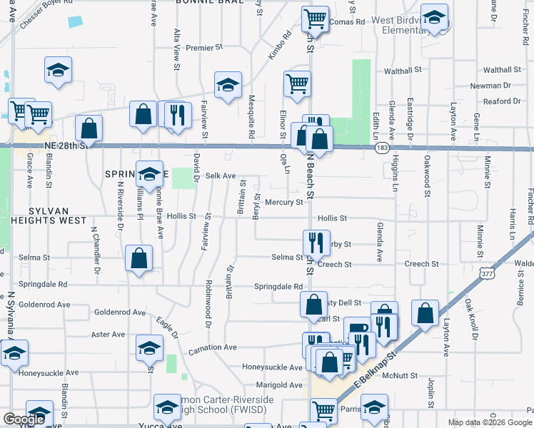 map of restaurants, bars, coffee shops, grocery stores, and more near 3801 Hollis Street in Haltom City