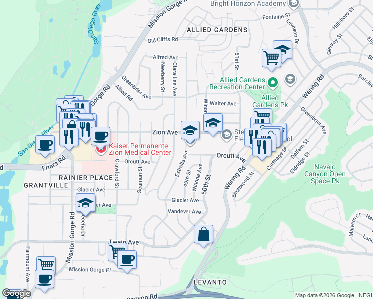 map of restaurants, bars, coffee shops, grocery stores, and more near 6525 Estrella Avenue in San Diego