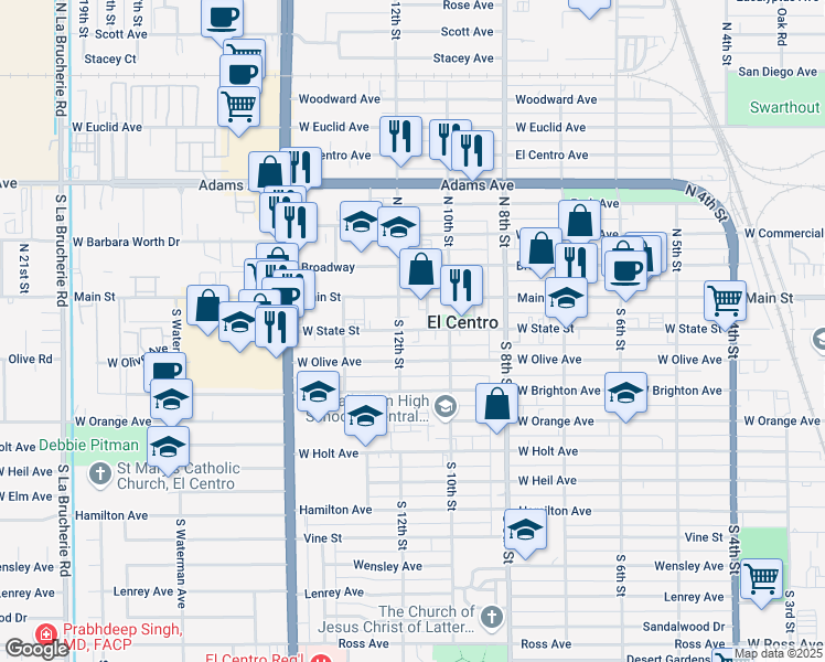 map of restaurants, bars, coffee shops, grocery stores, and more near 1041 West State Street in El Centro