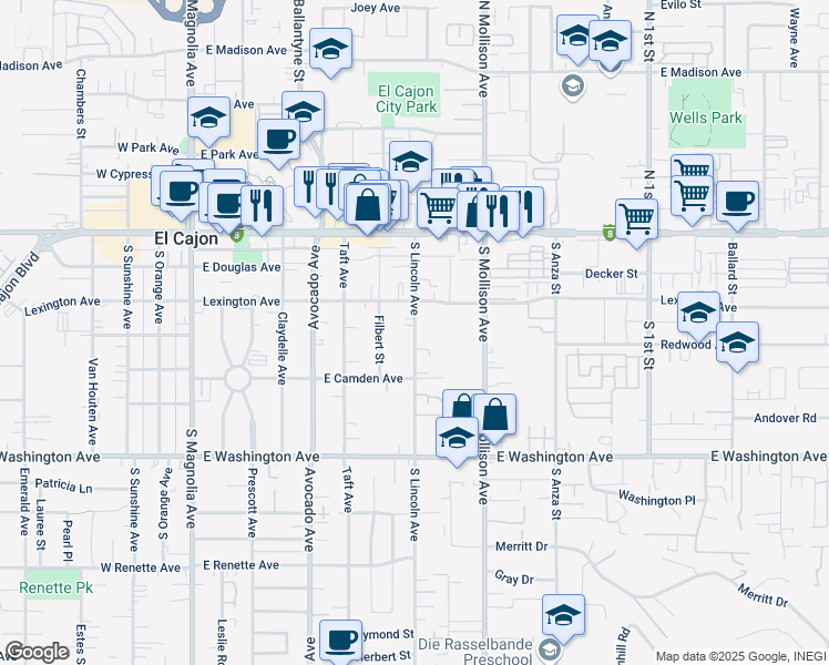 map of restaurants, bars, coffee shops, grocery stores, and more near 415 South Lincoln Avenue in El Cajon