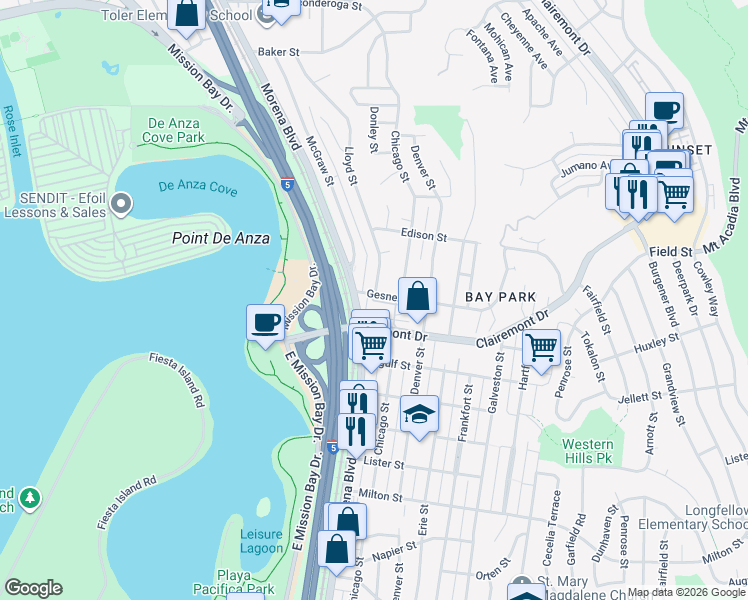 map of restaurants, bars, coffee shops, grocery stores, and more near 2727 Morena Boulevard in San Diego