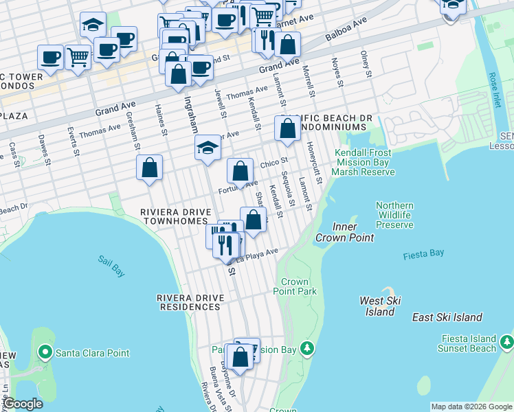 map of restaurants, bars, coffee shops, grocery stores, and more near 3924 Shasta Street in San Diego