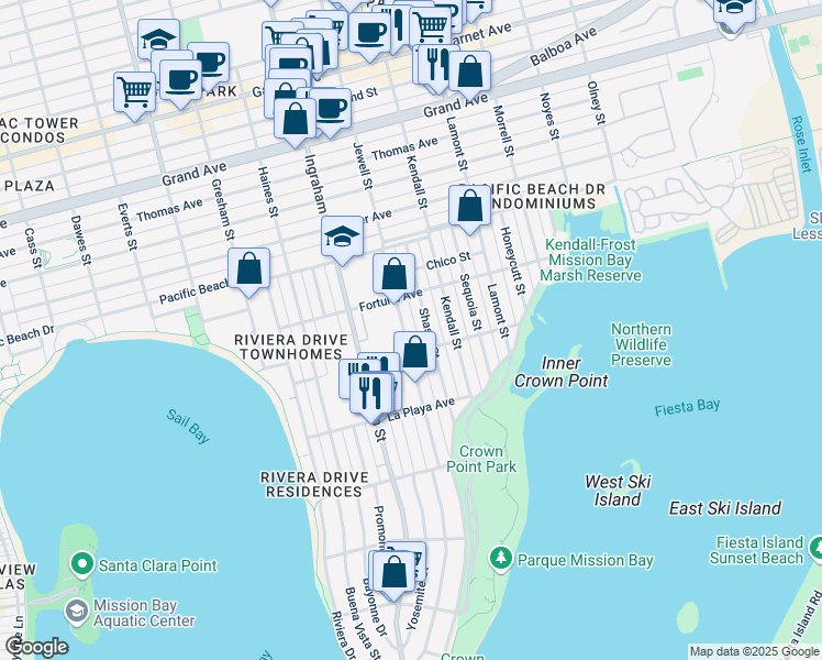 map of restaurants, bars, coffee shops, grocery stores, and more near 3924 Shasta Street in San Diego