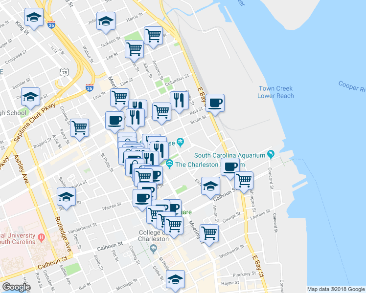 map of restaurants, bars, coffee shops, grocery stores, and more near 48 Elizabeth Street in Charleston