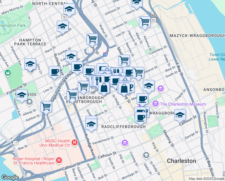 map of restaurants, bars, coffee shops, grocery stores, and more near 15 Brewster Court in Charleston