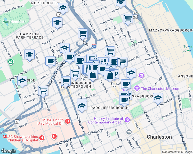 map of restaurants, bars, coffee shops, grocery stores, and more near 15 Brewster Court in Charleston