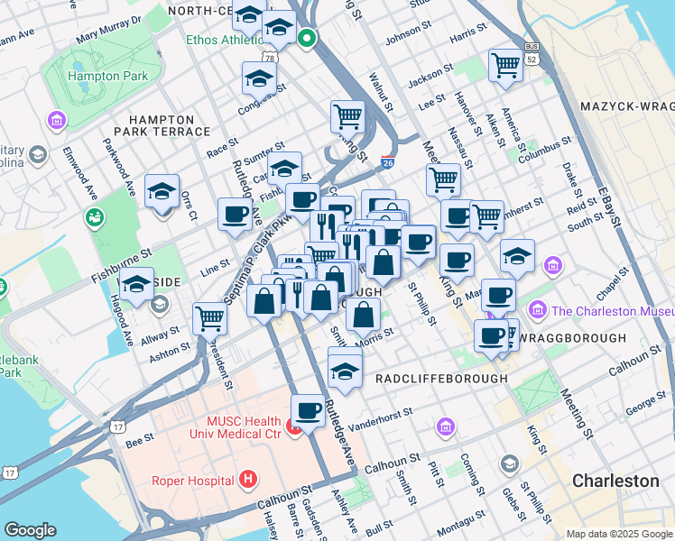 map of restaurants, bars, coffee shops, grocery stores, and more near 24 Ashe Street in Charleston