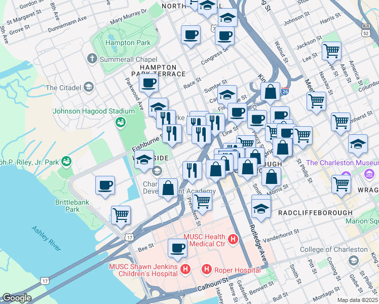 map of restaurants, bars, coffee shops, grocery stores, and more near 203 Line Street in Charleston