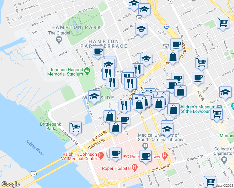map of restaurants, bars, coffee shops, grocery stores, and more near 203 Line Street in Charleston