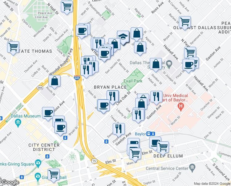 map of restaurants, bars, coffee shops, grocery stores, and more near 3030 Bryan Street in Dallas