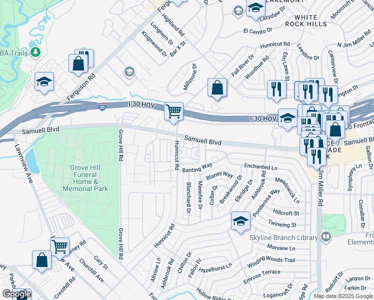 map of restaurants, bars, coffee shops, grocery stores, and more near 7526 Hunnicut Road in Dallas