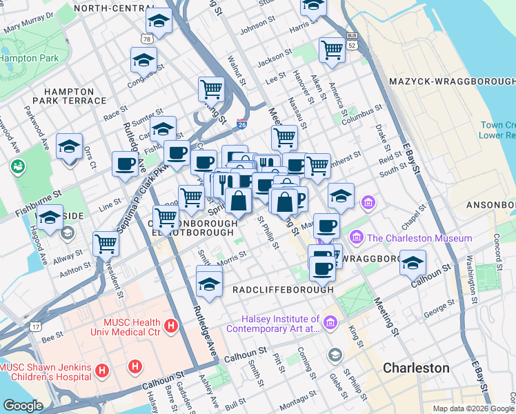 map of restaurants, bars, coffee shops, grocery stores, and more near 15 Brewster Court in Charleston