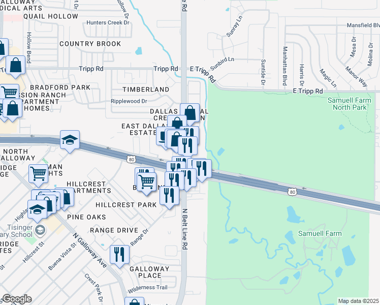 map of restaurants, bars, coffee shops, grocery stores, and more near 2030 North Belt Line Road in Mesquite