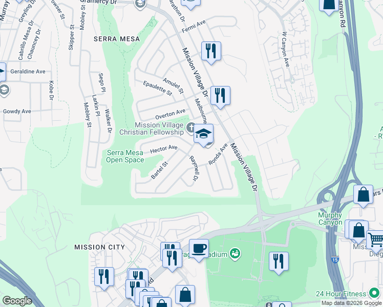 map of restaurants, bars, coffee shops, grocery stores, and more near 2641 Raymell Drive in San Diego
